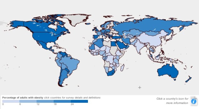The International Obesity Task Force published this map of obesity rates globally; some data likely is missing for African nations.
