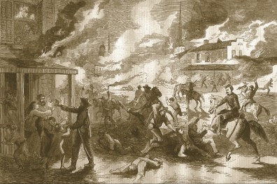 The magazine Harper's printed an illustration of the 1863 raid by Southern bushwhackers of Lawrence, Kan, which killed 180 people.