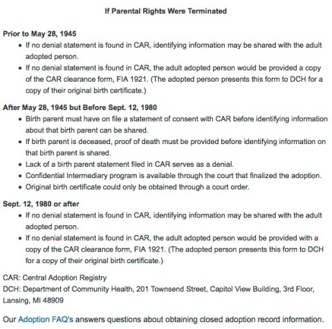 Legalized discrimination against adoptees, Michigan style. Yes, felons can get their certificates, but adoptees cannot.